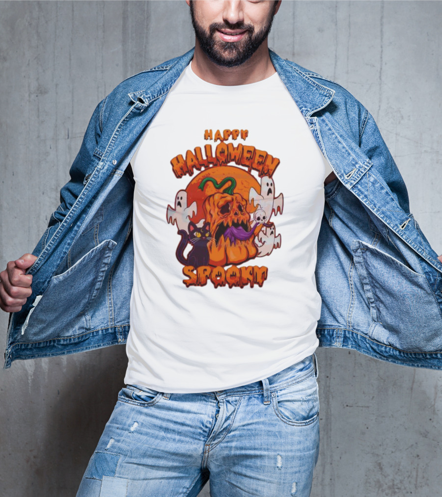 Happy Halloween Spooky Horror Pumpkin Ghosts Black Cat T-Shirt