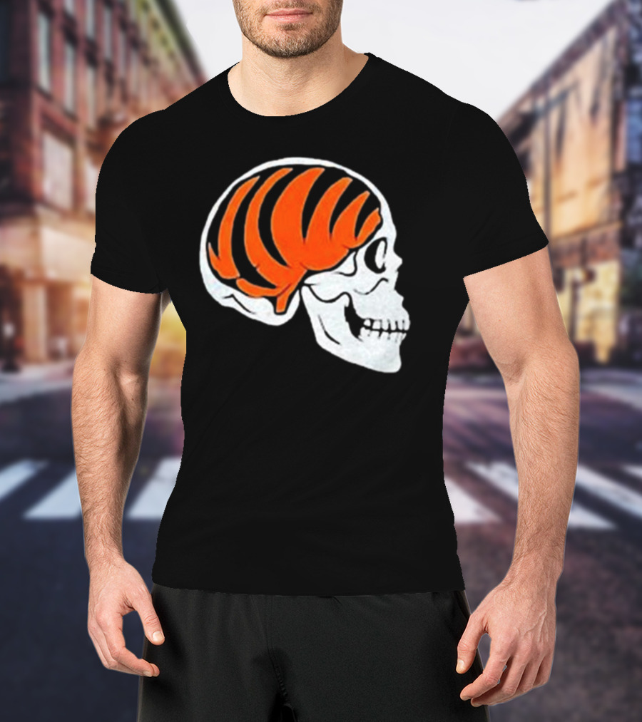 Goodberry Bengals Brain Skull With Orange Tiger Stripes T-Shirt