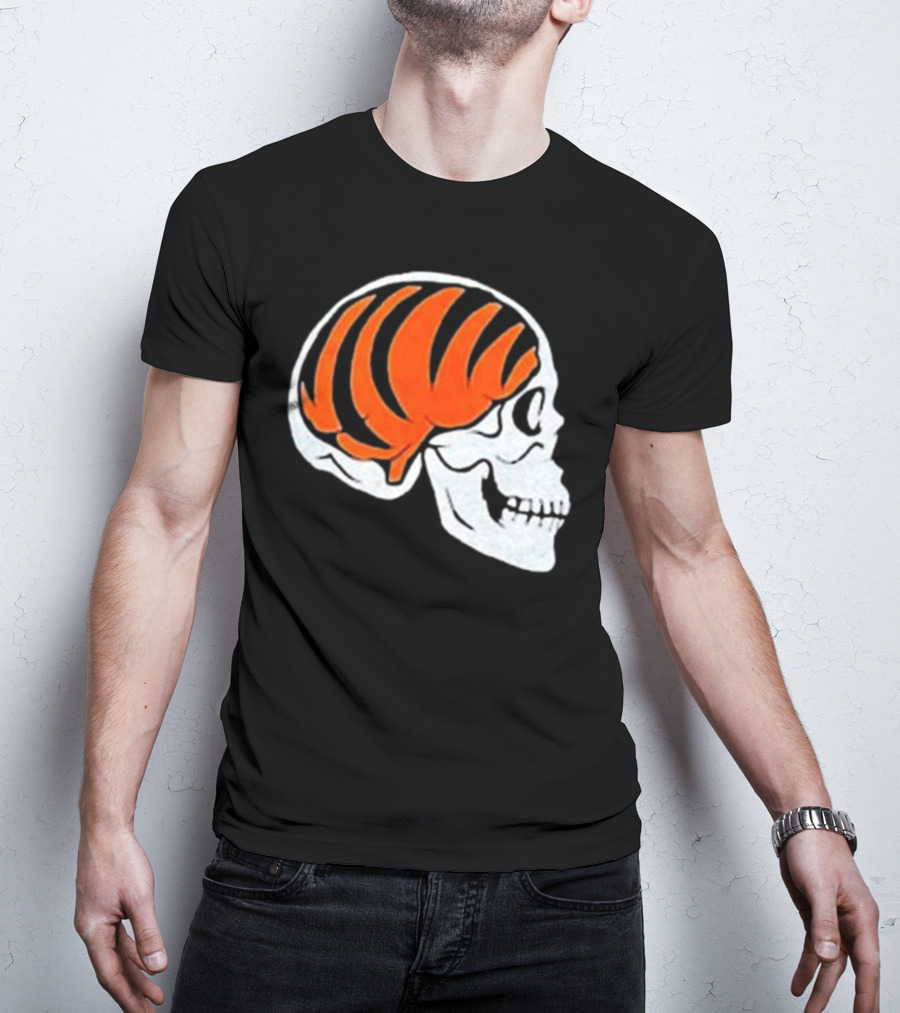 Goodberry Bengals Brain Skull With Orange Tiger Stripes T-Shirt