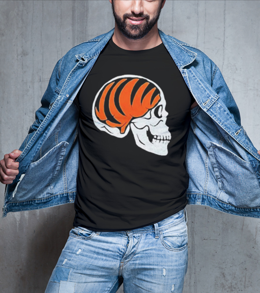 Goodberry Bengals Brain Skull With Orange Tiger Stripes T-Shirt