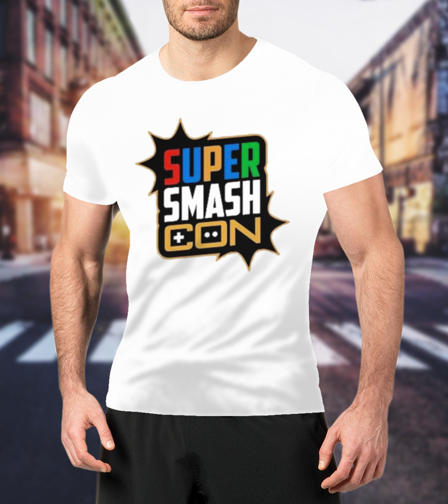 Super Smash Con Logo With Game Controller Icon Colors Burst T-Shirt