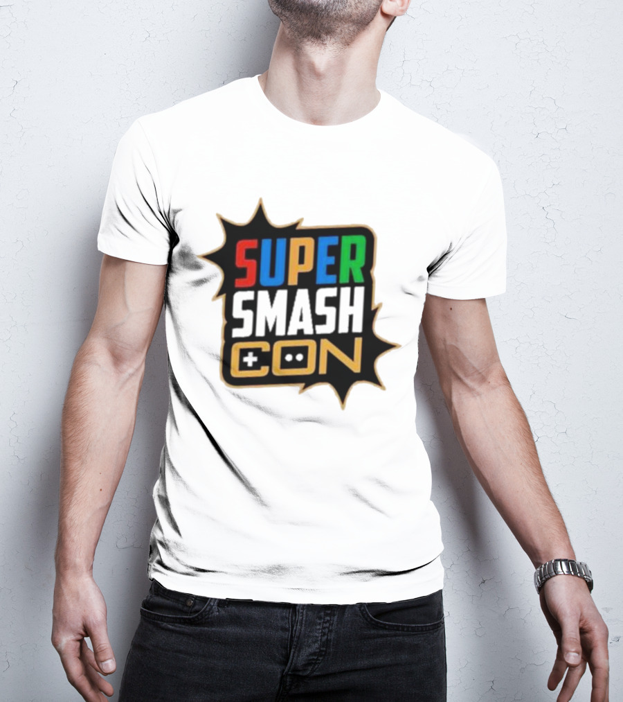 Super Smash Con Logo With Game Controller Icon Colors Burst T-Shirt