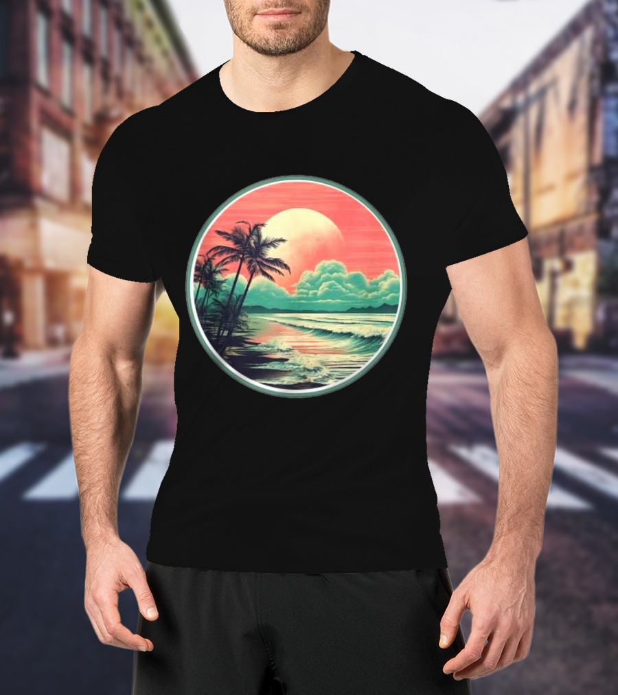 Tropical Ocean Moonscape Palms Waves Sunset Sky T-Shirt