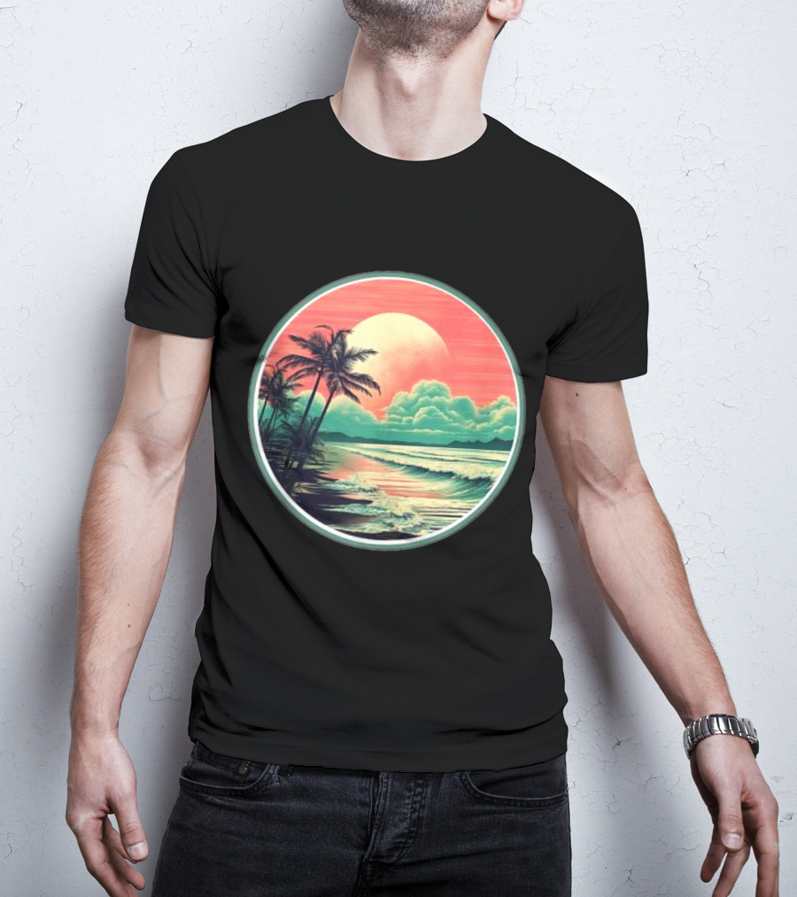 Tropical Ocean Moonscape Palms Waves Sunset Sky T-Shirt