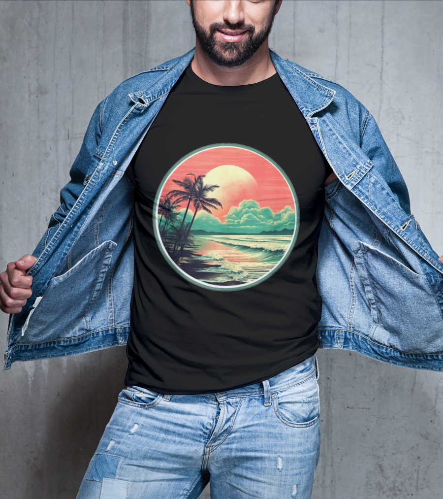 Tropical Ocean Moonscape Palms Waves Sunset Sky T-Shirt