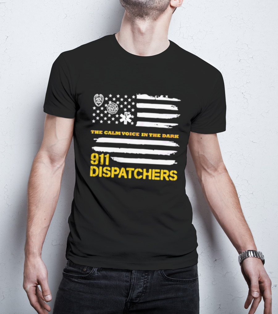 911 Dispatchers The Calm Voice In The Dark With Emergency Symbols And Distressed American Flag T-Shirt