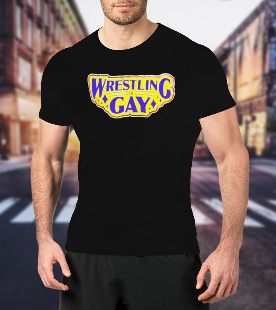 Wrestling Is Gay Emblem Bold Yellow And Purple Text T-Shirt