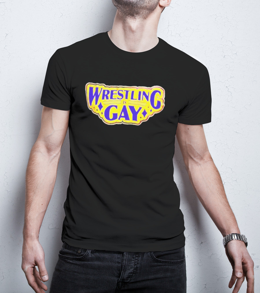 Wrestling Is Gay Emblem Bold Yellow And Purple Text T-Shirt