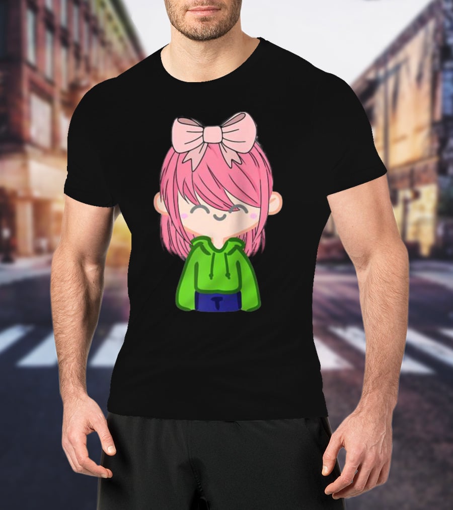 Alli Cat Pink Hair Girl Green Hoodie Bow Raglan Baseball T-Shirt