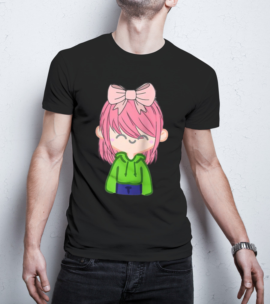 Alli Cat Pink Hair Girl Green Hoodie Bow Raglan Baseball T-Shirt