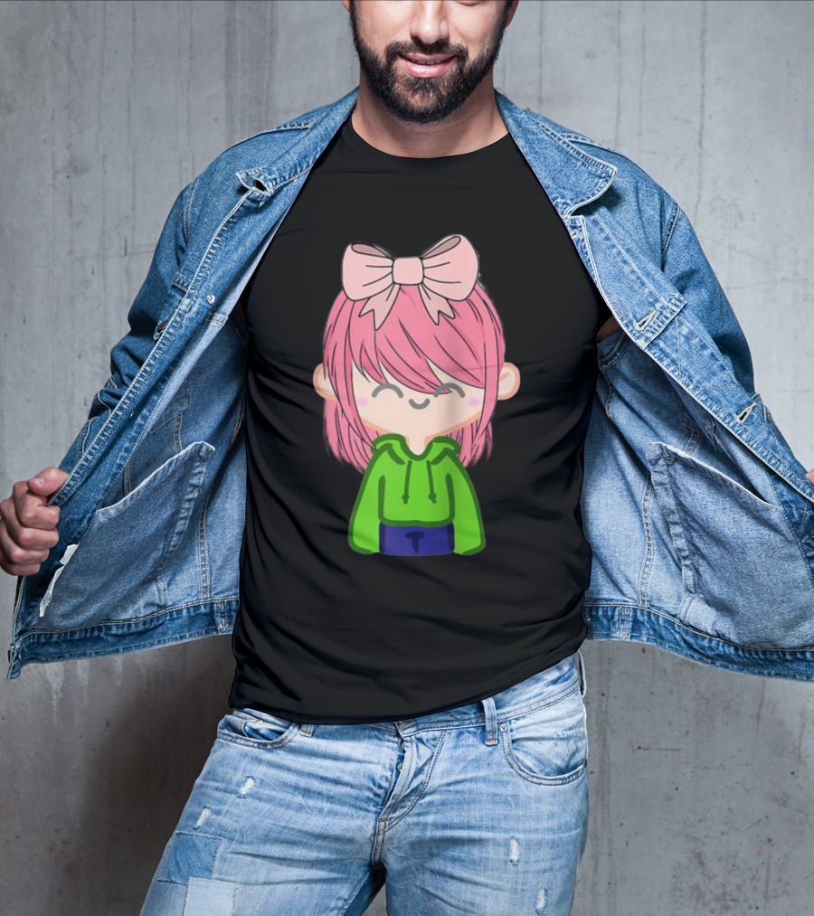 Alli Cat Pink Hair Girl Green Hoodie Bow Raglan Baseball T-Shirt