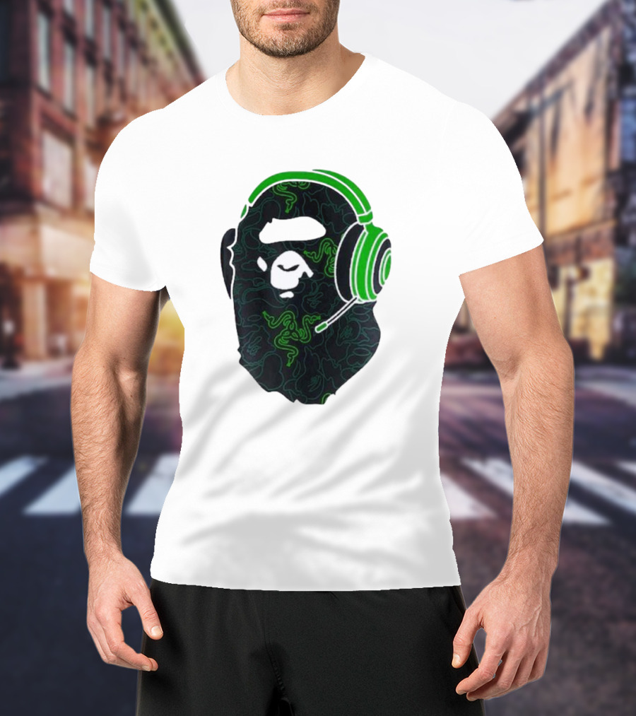 Bape X Razer Neon Camo Ape Head With Green Gaming Headset T-Shirt