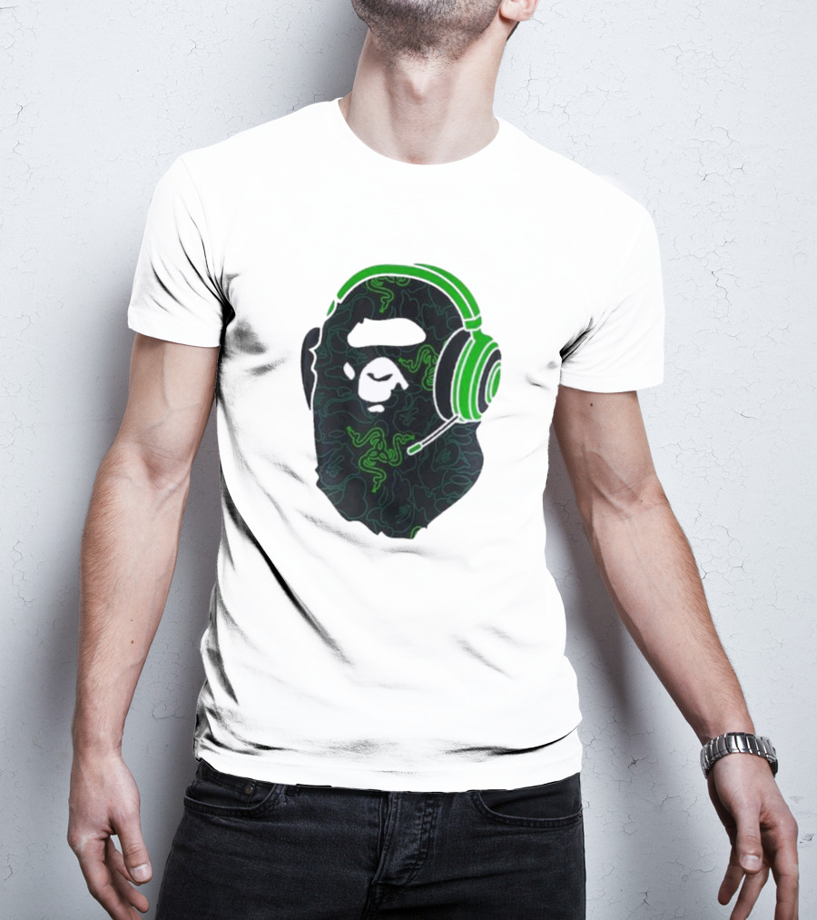Bape X Razer Neon Camo Ape Head With Green Gaming Headset T-Shirt