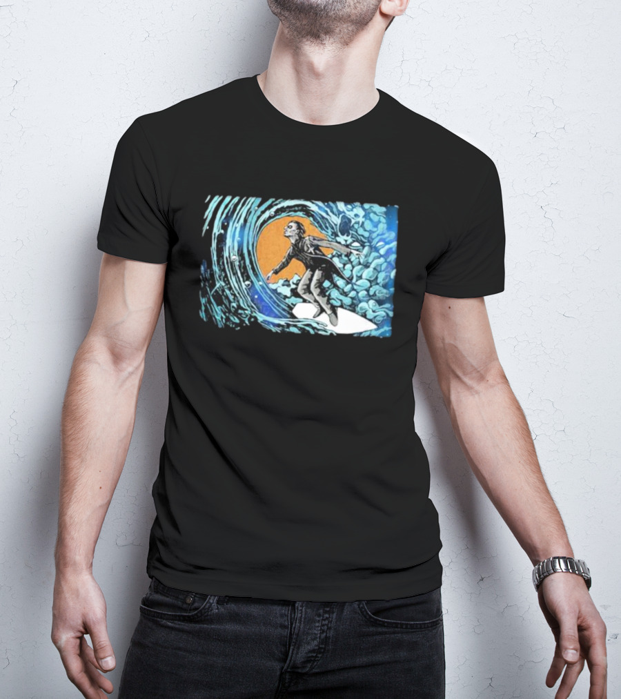 Maedenart Ghost Evil Surfer Riding Wave With Blue Turbulence T-Shirt