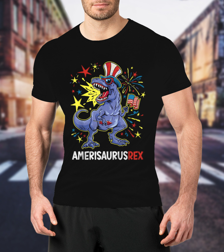 Amerisaurus Rex Patriotic Dinosaur With American Flag And Fireworks Hat T-Shirt