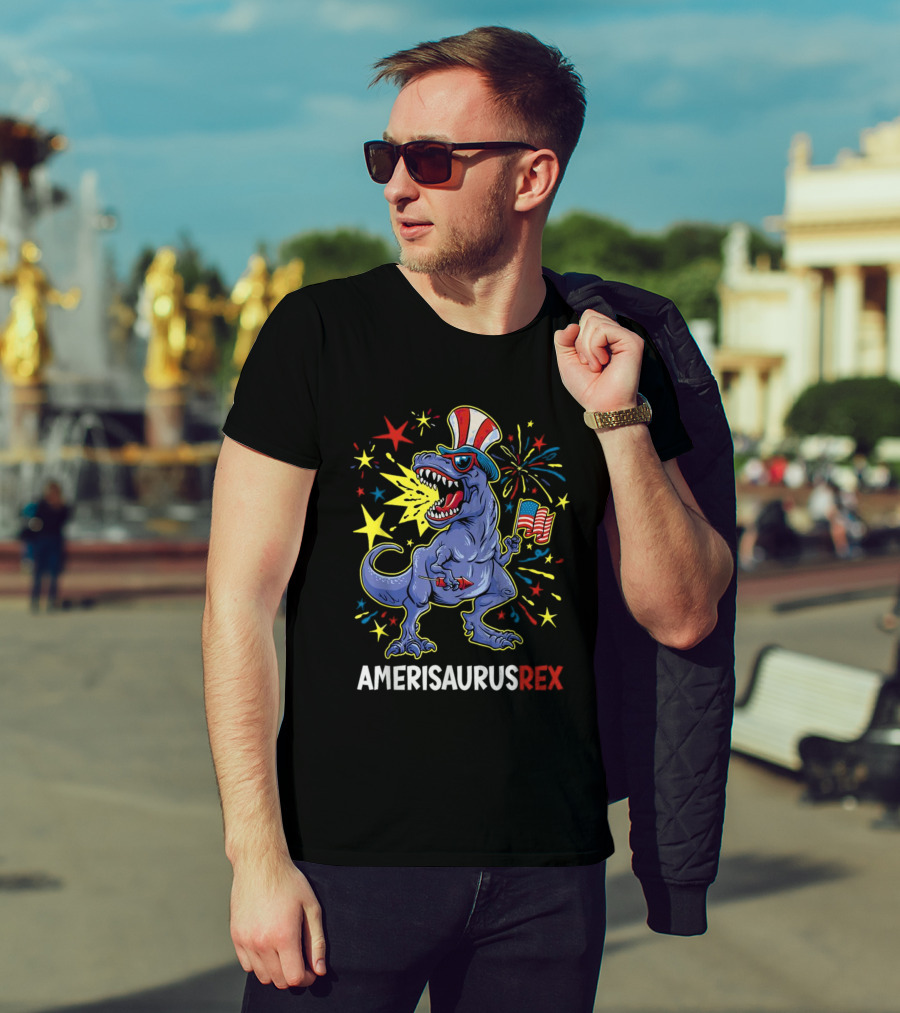 Amerisaurus Rex Patriotic Dinosaur With American Flag And Fireworks Hat T-Shirt