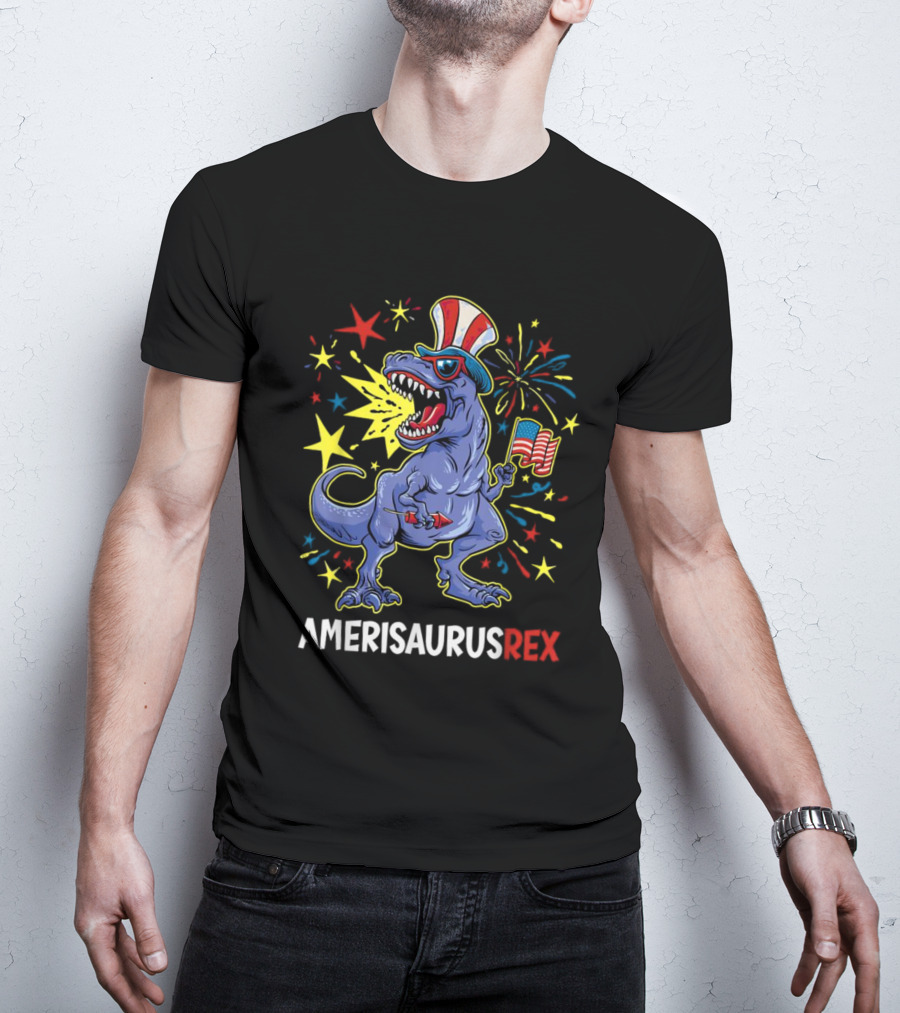 Amerisaurus Rex Patriotic Dinosaur With American Flag And Fireworks Hat T-Shirt