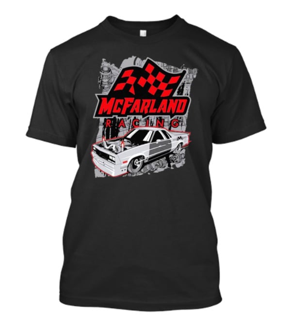 McFarland Racing Cleetus Mullet Turbocharged Car And Checkered Flag T-Shirt