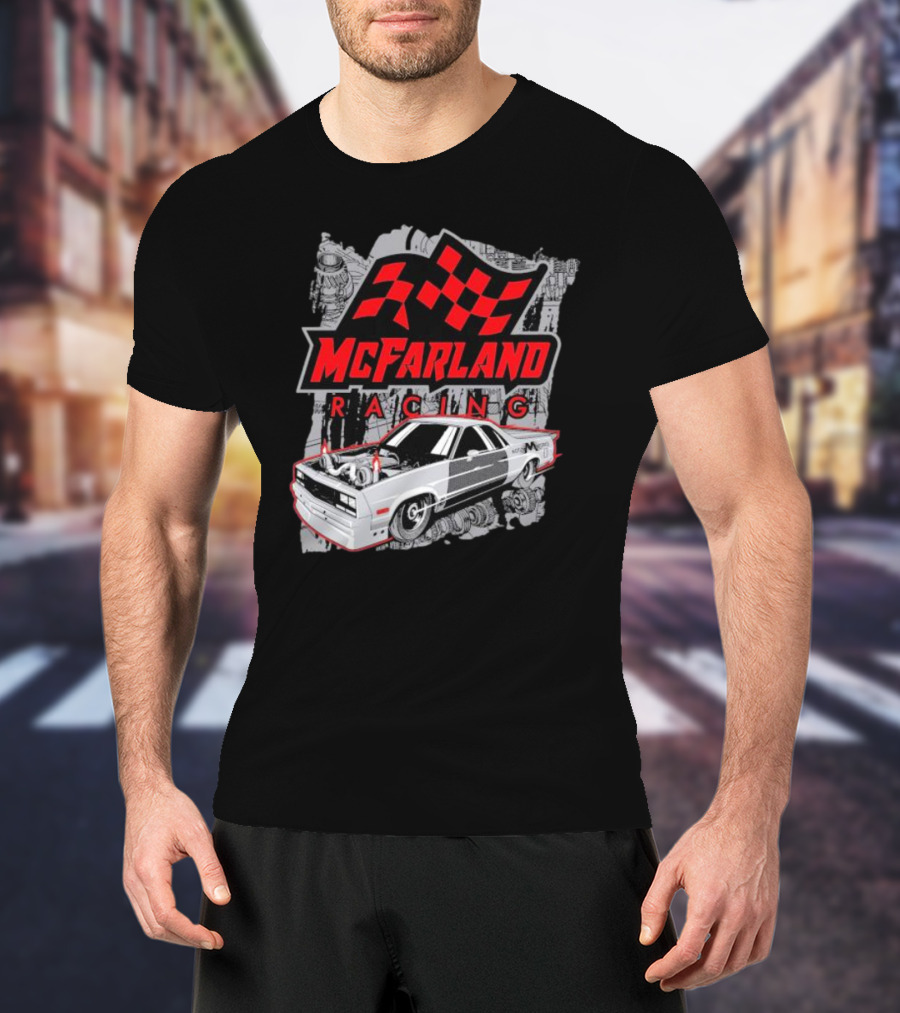 McFarland Racing Cleetus Mullet Turbocharged Car And Checkered Flag T-Shirt
