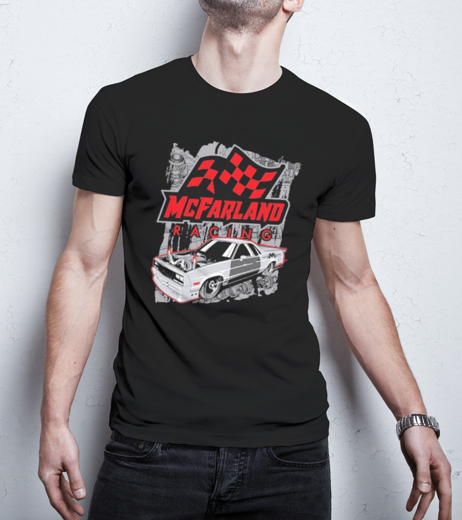 McFarland Racing Cleetus Mullet Turbocharged Car And Checkered Flag T-Shirt