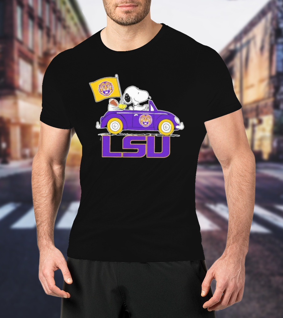 Snoopy And Woodstock Driving Purple LSU Car With Flag T-Shirt