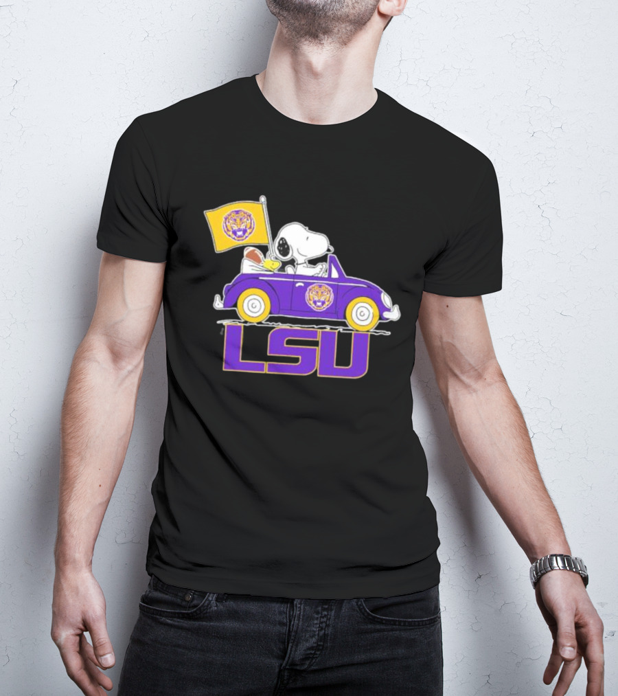 Snoopy And Woodstock Driving Purple LSU Car With Flag T-Shirt