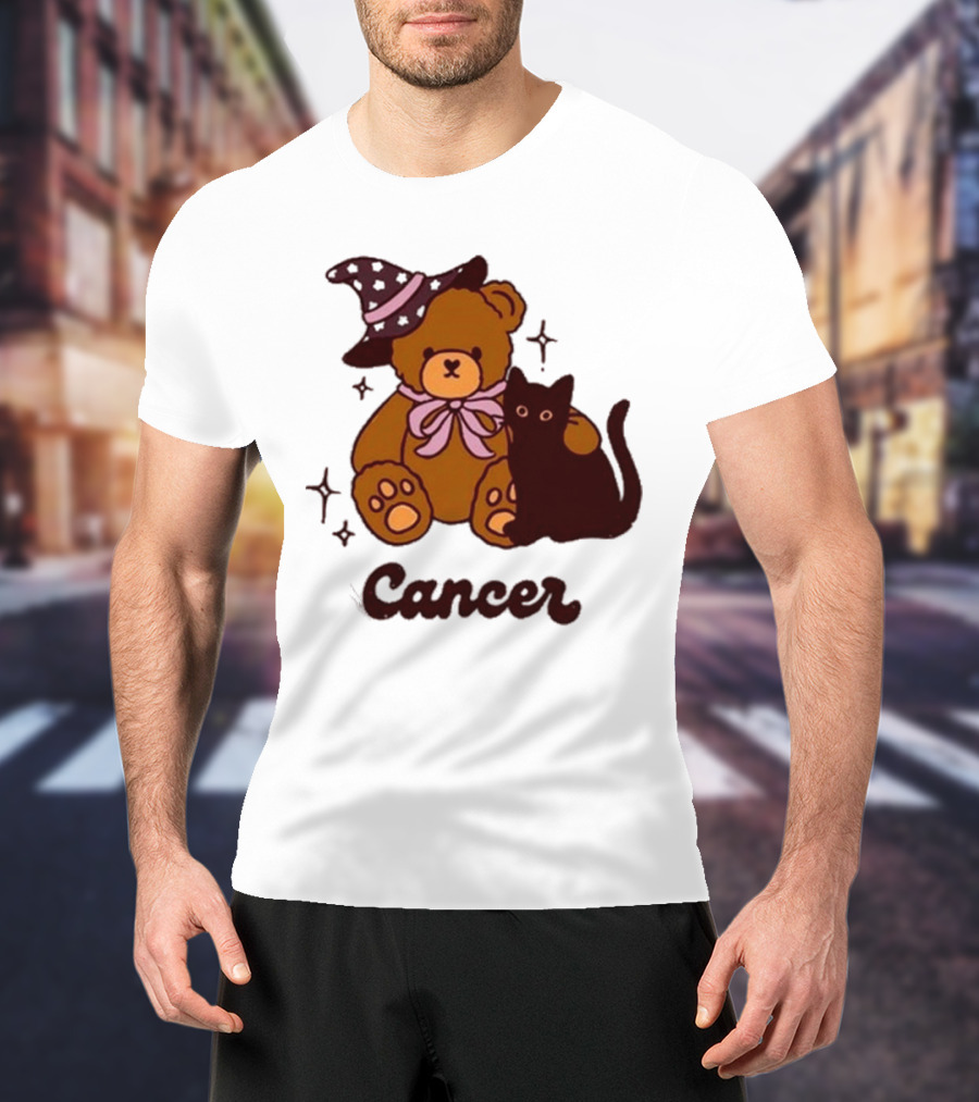 Cancer Teddy Bear With Witch Hat And Black Cat T-Shirt
