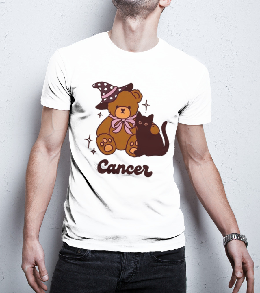 Cancer Teddy Bear With Witch Hat And Black Cat T-Shirt