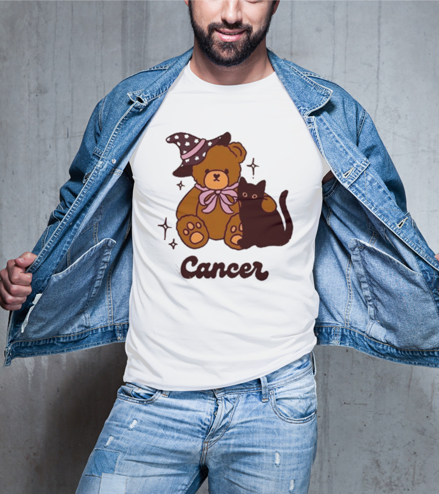 Cancer Teddy Bear With Witch Hat And Black Cat T-Shirt