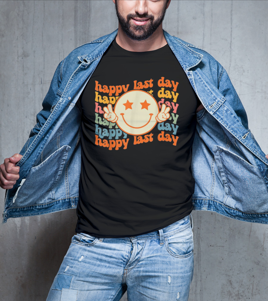 Groovy Happy Last Day Smile Face Peace Sign Teacher Student T-Shirt
