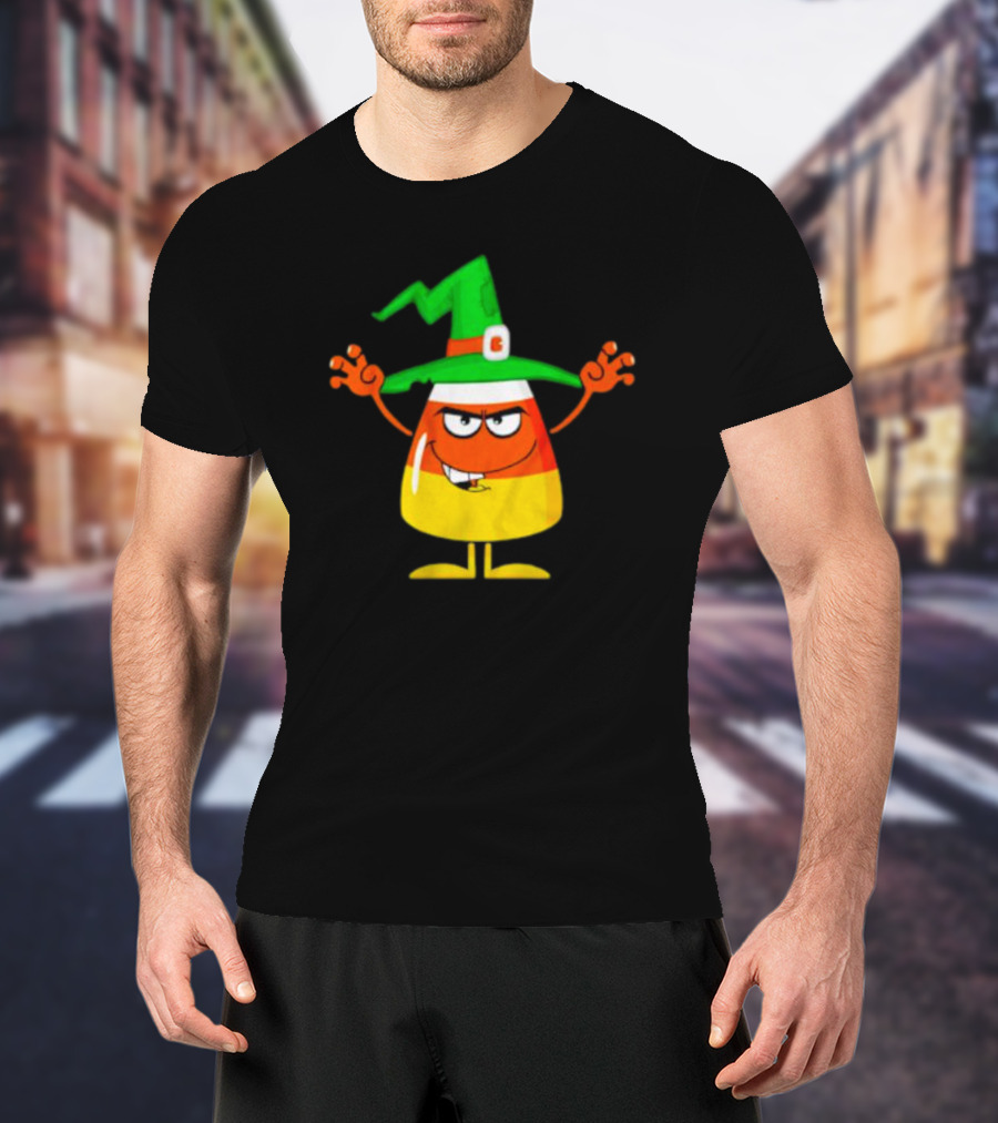 Candy Corn Witch Halloween Character With Green Hat T-Shirt