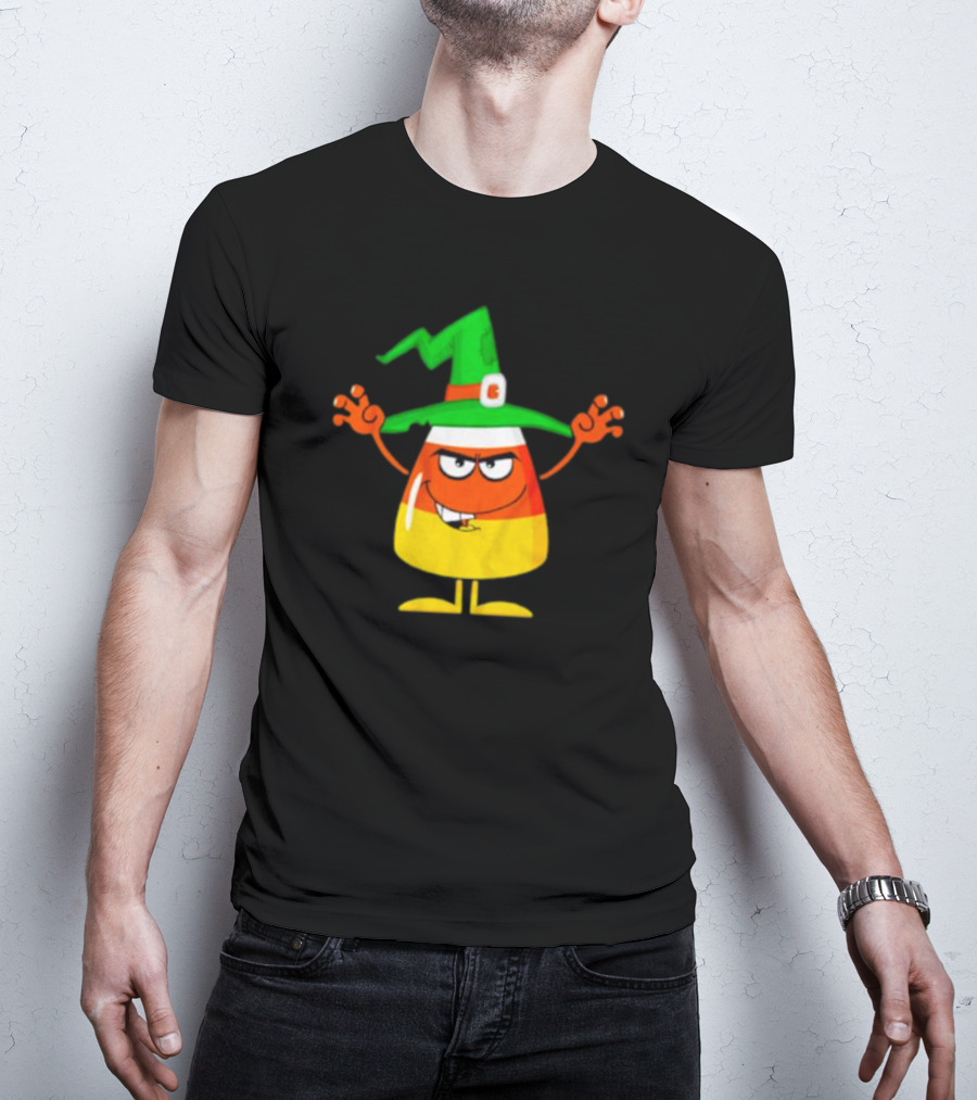 Candy Corn Witch Halloween Character With Green Hat T-Shirt