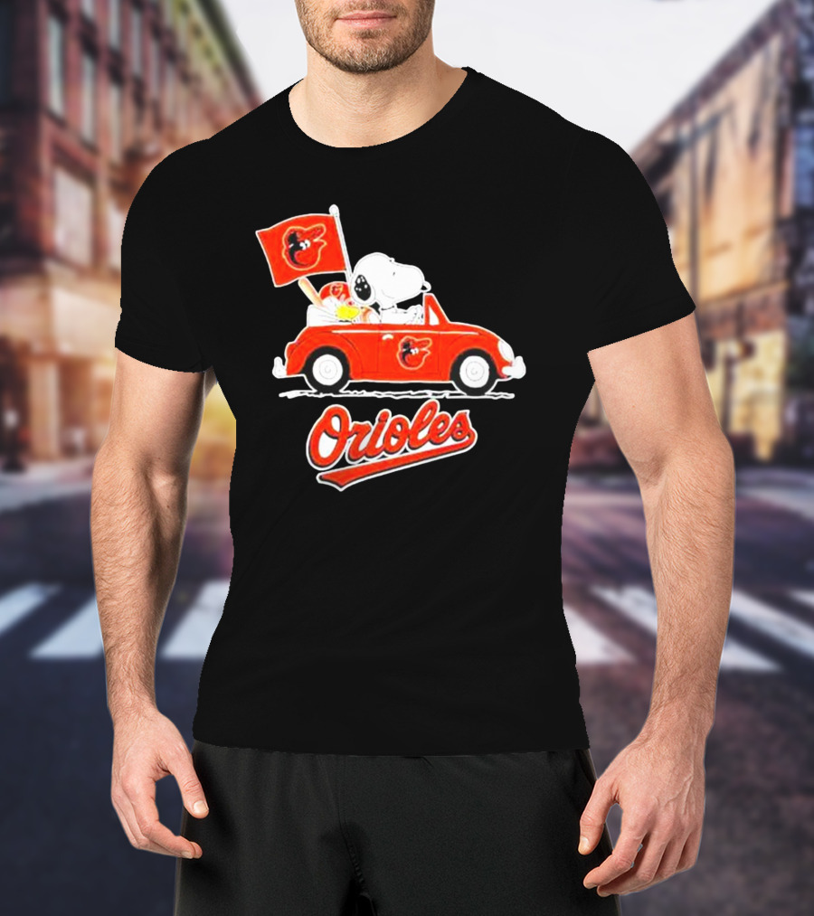 Snoopy Driving Red Car With Baltimore Orioles Flag And Orioles Text T-Shirt