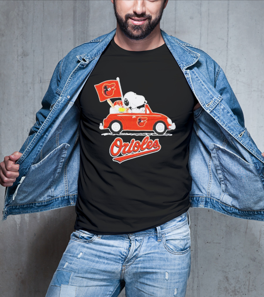 Snoopy Driving Red Car With Baltimore Orioles Flag And Orioles Text T-Shirt