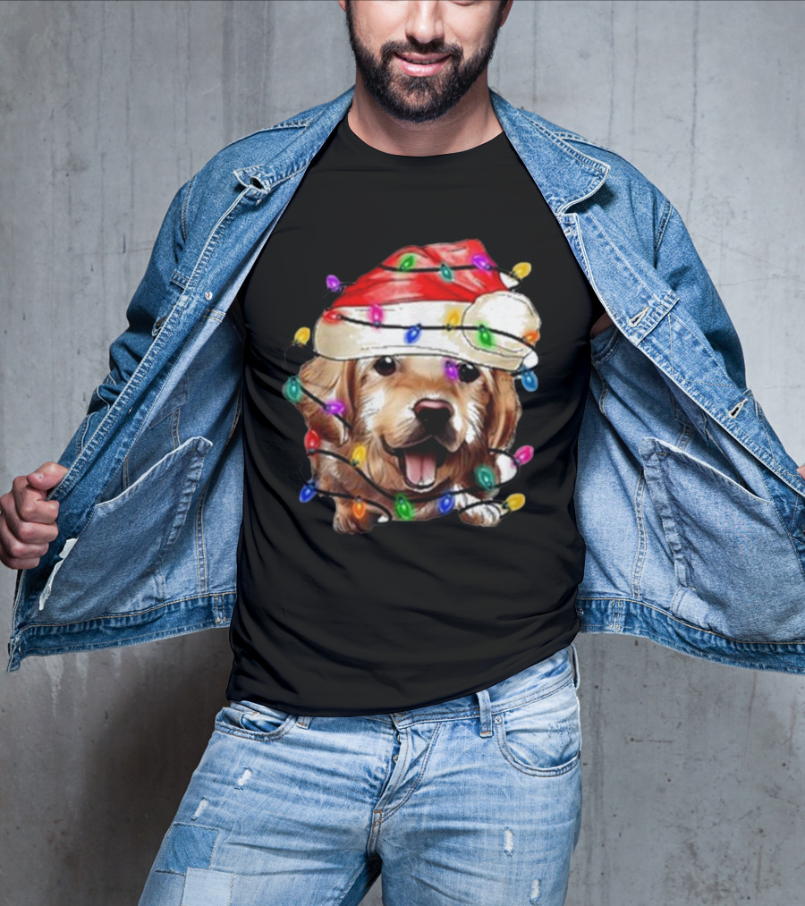 Christmas Lights Dog Lover Santa Hat Raglan T-Shirt