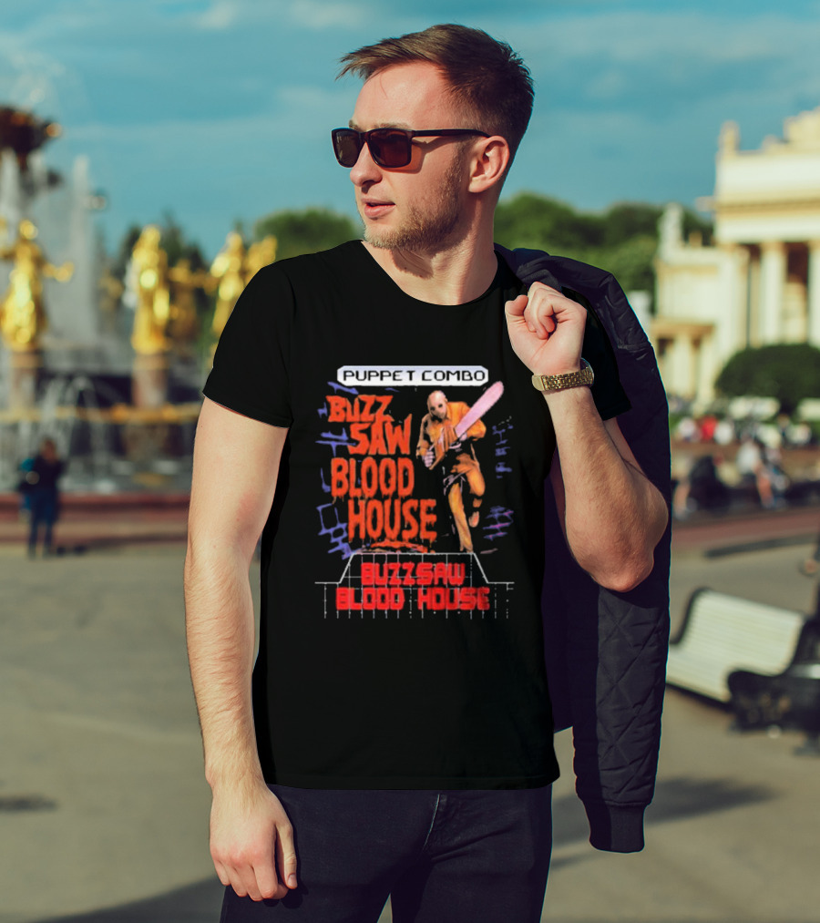 Puppet Combo Buzz Saw Blood House Horror Gamer T-Shirt