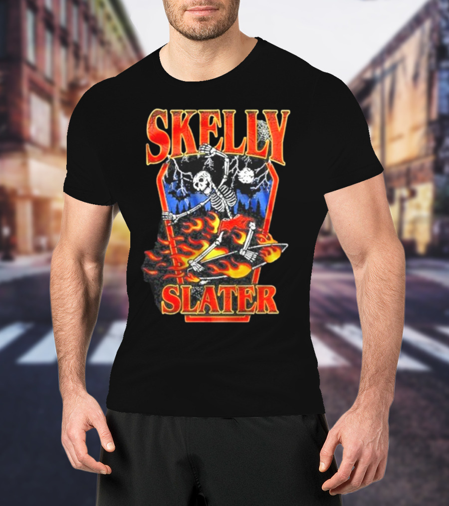 Skelly Slater Skeleton Skateboarding With Flames And Coffin Background T-Shirt