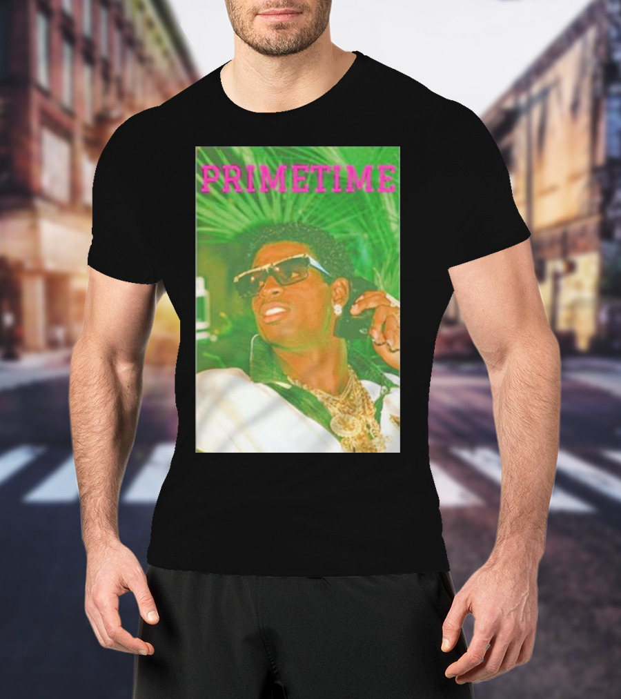 PRIMETIME Deion Sanders Sunglasses Gold Chains Retro Vibe T-Shirt