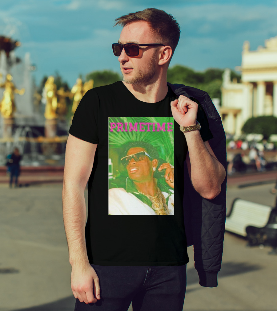 PRIMETIME Deion Sanders Sunglasses Gold Chains Retro Vibe T-Shirt