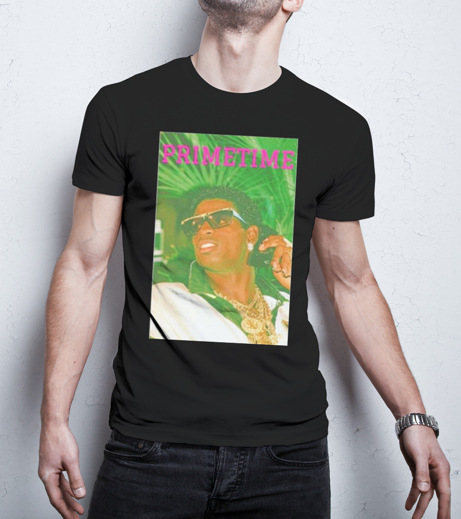 PRIMETIME Deion Sanders Sunglasses Gold Chains Retro Vibe T-Shirt