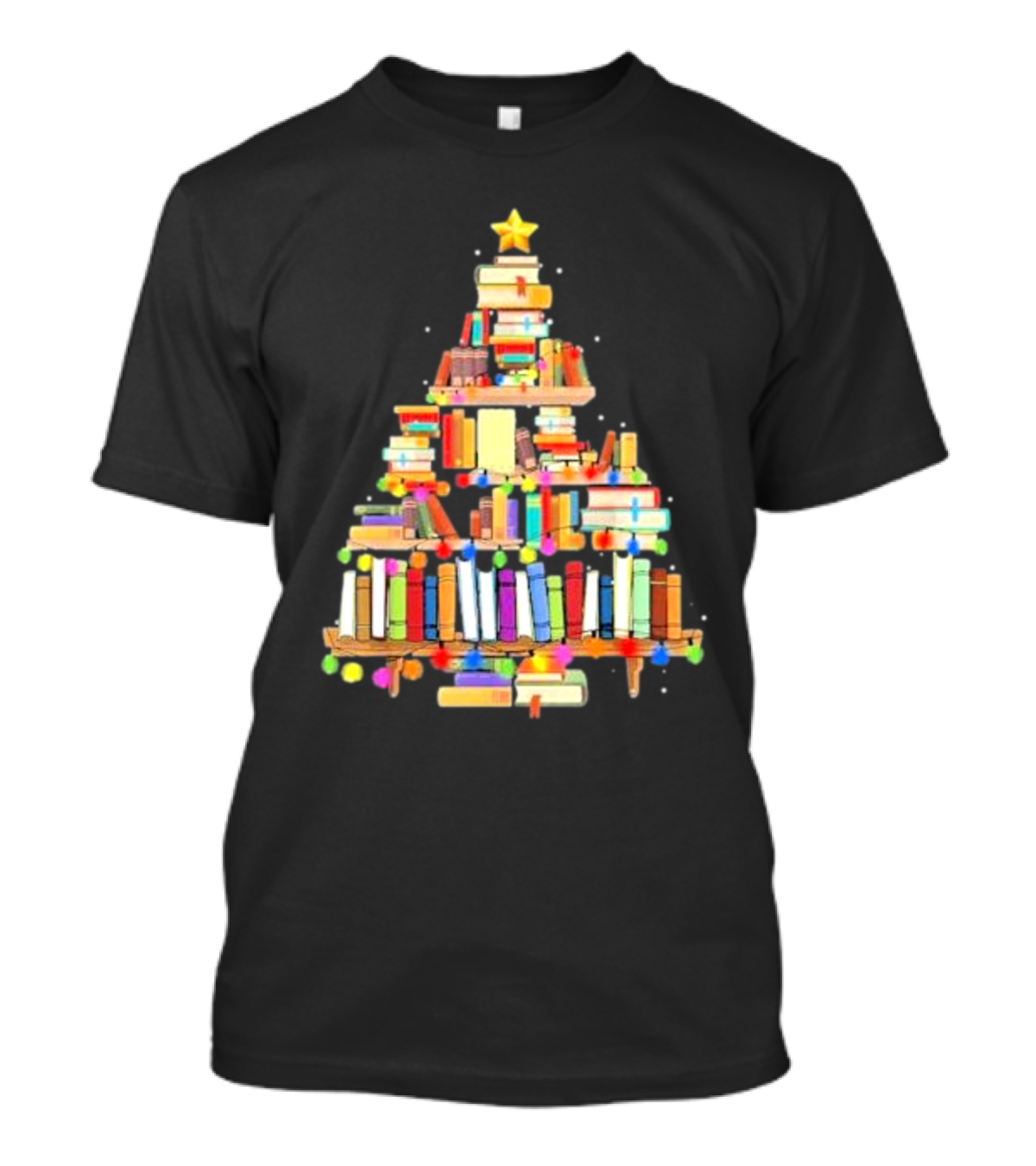 Christmas Tree Made Of Stacked Colorful Books With Star And Lights T-Shirt