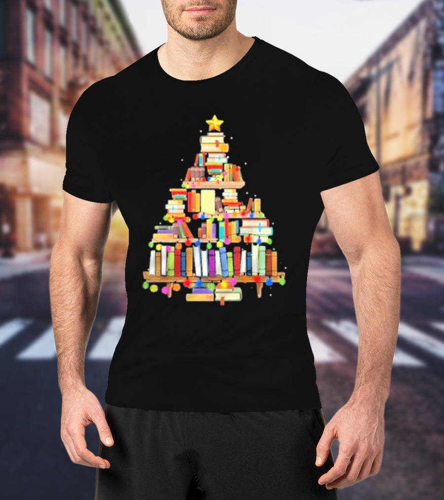 Christmas Tree Made Of Stacked Colorful Books With Star And Lights T-Shirt
