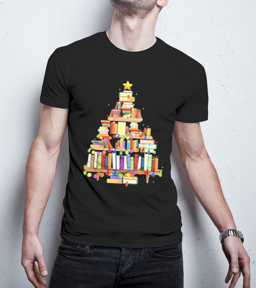 Christmas Tree Made Of Stacked Colorful Books With Star And Lights T-Shirt