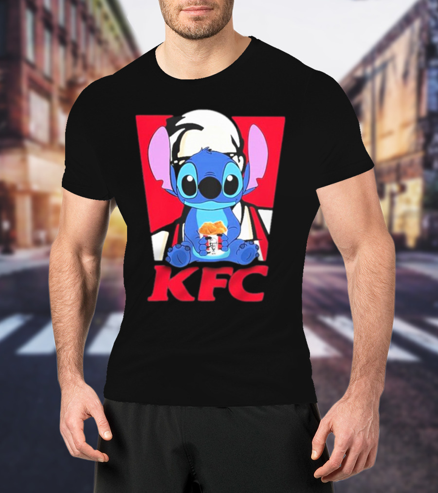 Stitch Eating KFC With Logo Background T-Shirt