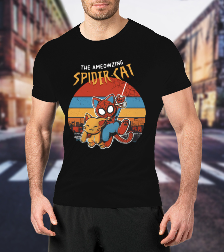 The Ameozing Spider Cat Retro Style Graphic With Web-Slinging Cat Superhero And Orange Cat Companion T-Shirt