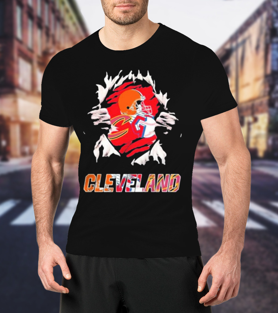 Cleveland Football Helmet And Jersey Inside Torn T-Shirt