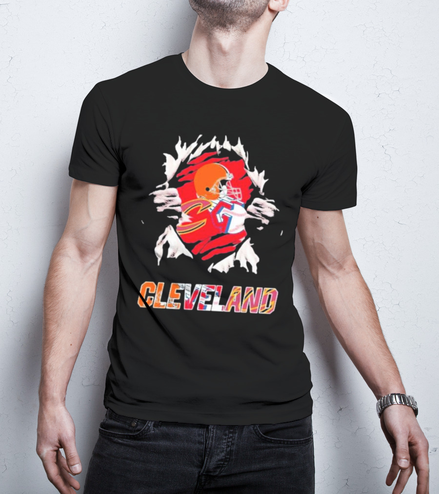 Cleveland Football Helmet And Jersey Inside Torn T-Shirt