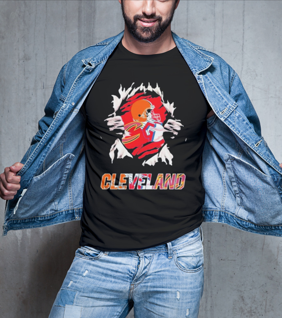 Cleveland Football Helmet And Jersey Inside Torn T-Shirt
