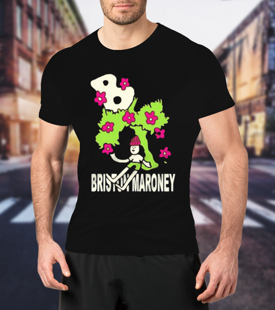 Briston Maroney Cartoon Character With Green Planet And Pink Flowers T-Shirt