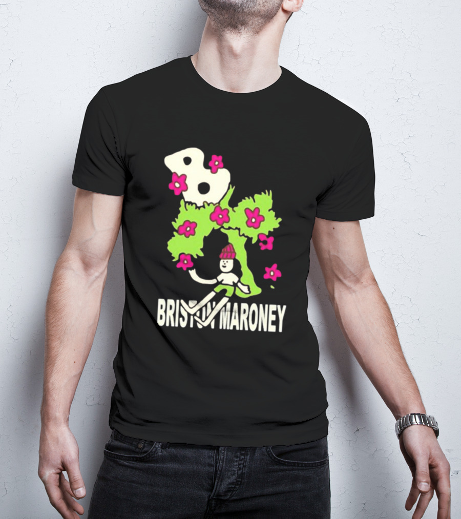 Briston Maroney Cartoon Character With Green Planet And Pink Flowers T-Shirt